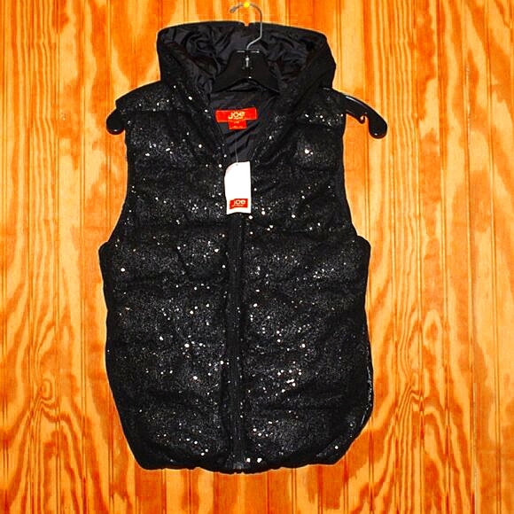 NWT Joe Fresh Black Sequin Puffer Vest with Hood - Size S - Picture 2 of 7